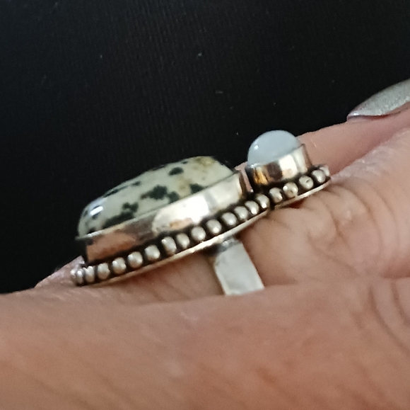 Dalmation Jasper and Moonstone, Sterling Plated, Size 7 - Picture 3 of 5